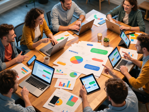 现代化商务会议场景，多人围坐圆桌讨论，体现团队合作精神